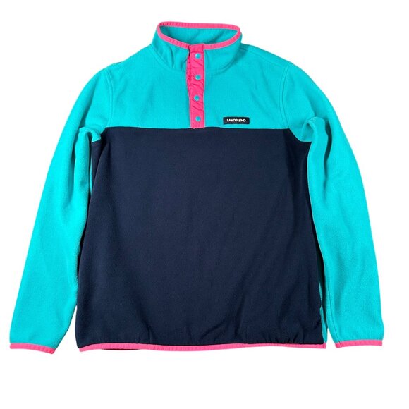 Lands End Girls XL 14-16 Fleece Pullover Colorblock Snap Neck Turquoise Pink Nav - Picture 1 of 10